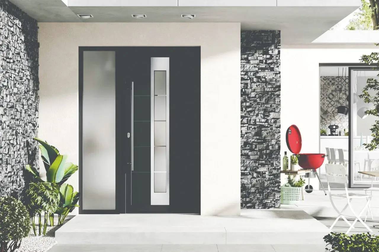 Entrée moderne avec une porte vitrée design et une façade en pierre grise, entourée de plantes vertes.