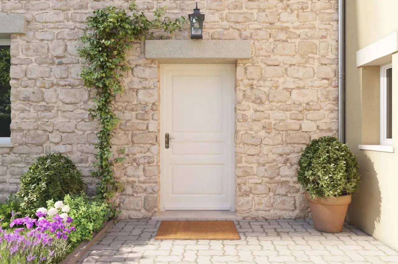 Porte blanche encadrée de plantes grimpantes sur un mur en pierres, avec des buissons et des fleurs en pot sur un sol pav