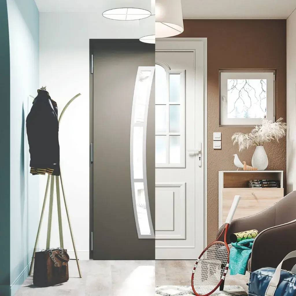 Un intérieur moderne partagé en deux ambiances distinctes avec une porte centrale, contrastant un côté bleu clair et épuré avec un côté brun chaleureux