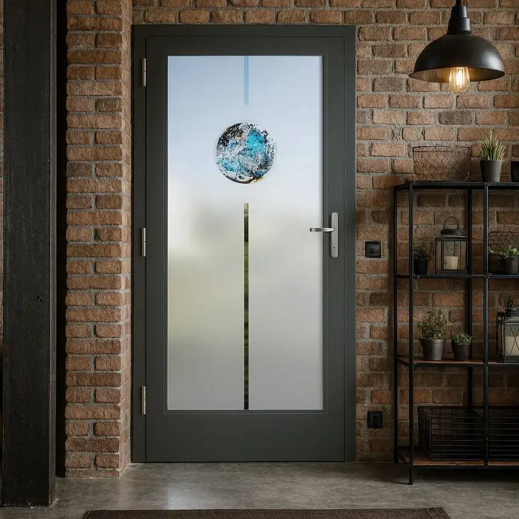 Une porte moderne en verre dépoli avec décoration artistique, encadrée par un mur en briques et éclairée par une suspension industrielle.