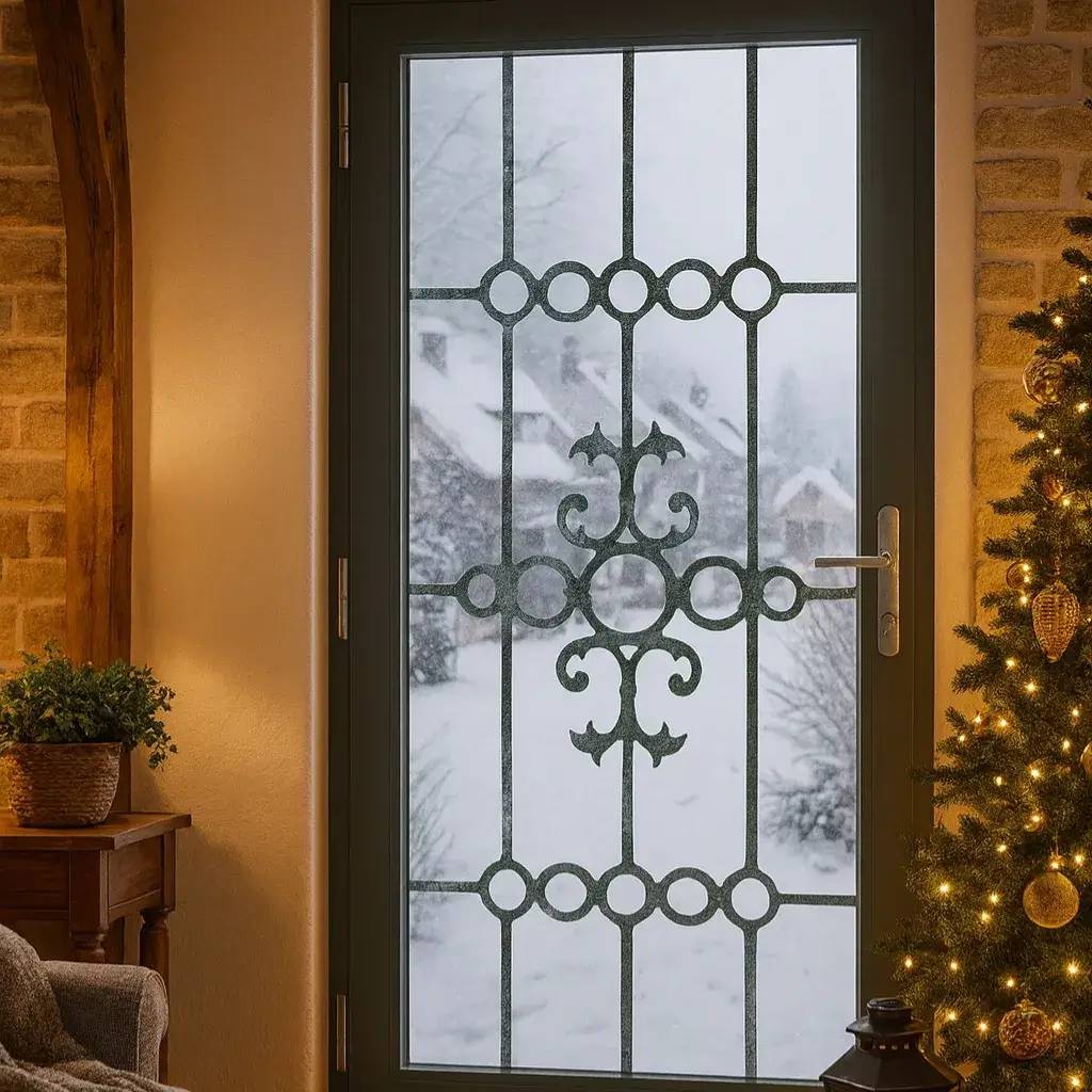 Une porte en verre ornée de fer forgé laisse entrevoir un paysage enneigé, tandis qu'un sapin de Noël illuminé décore