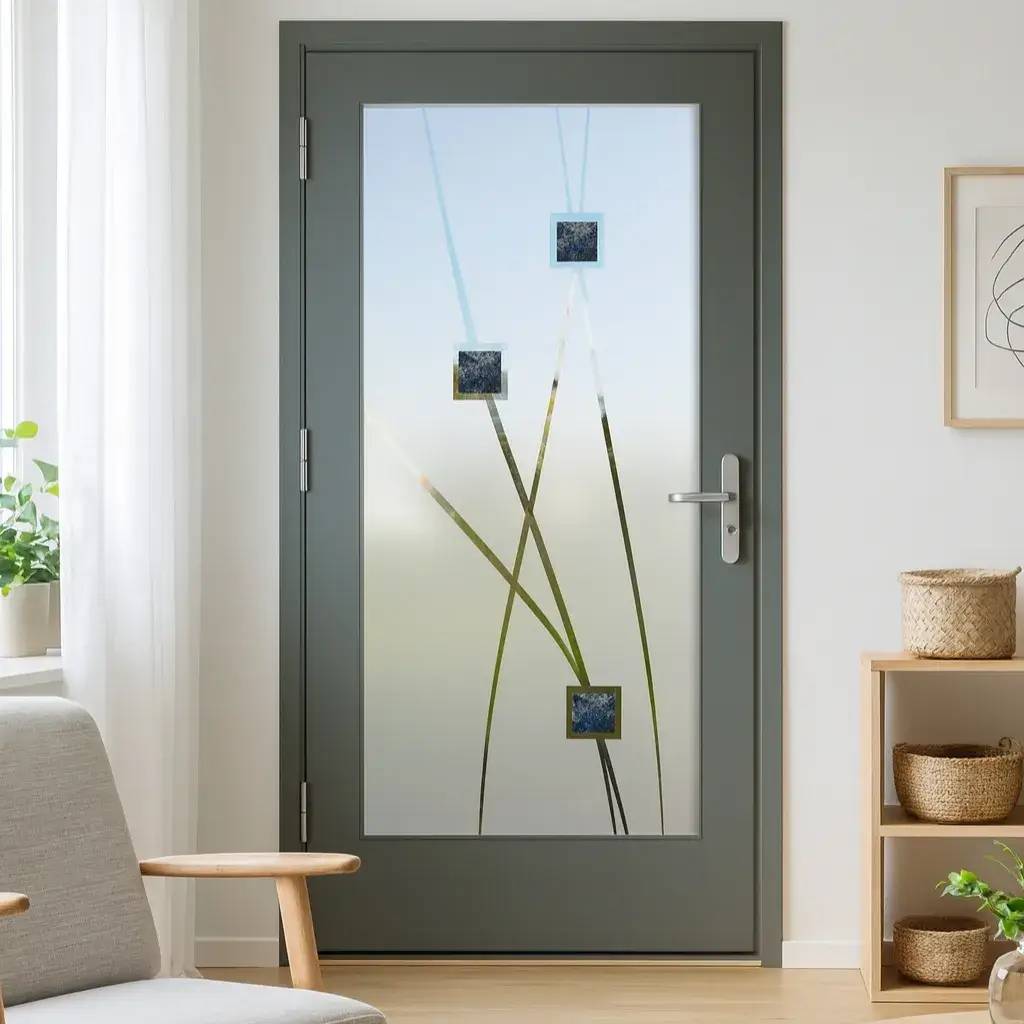 La photo montre une porte en verre dépoli avec un design élégant de motifs géométriques et végétaux, dans une pièce lumineuse et moderne.