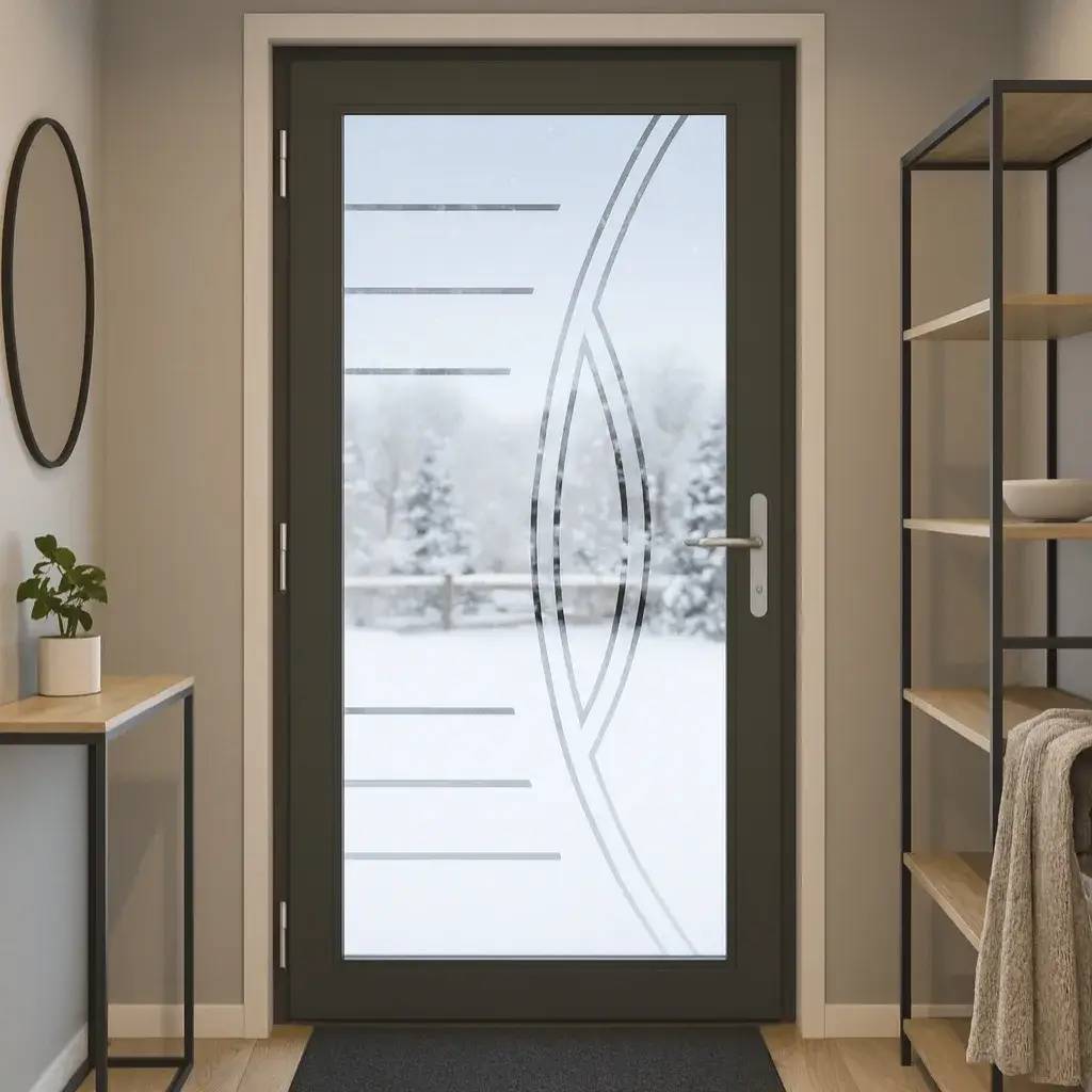 Porte d'entrée moderne avec vitrail géométrique, ouvrant sur un paysage enneigé.
