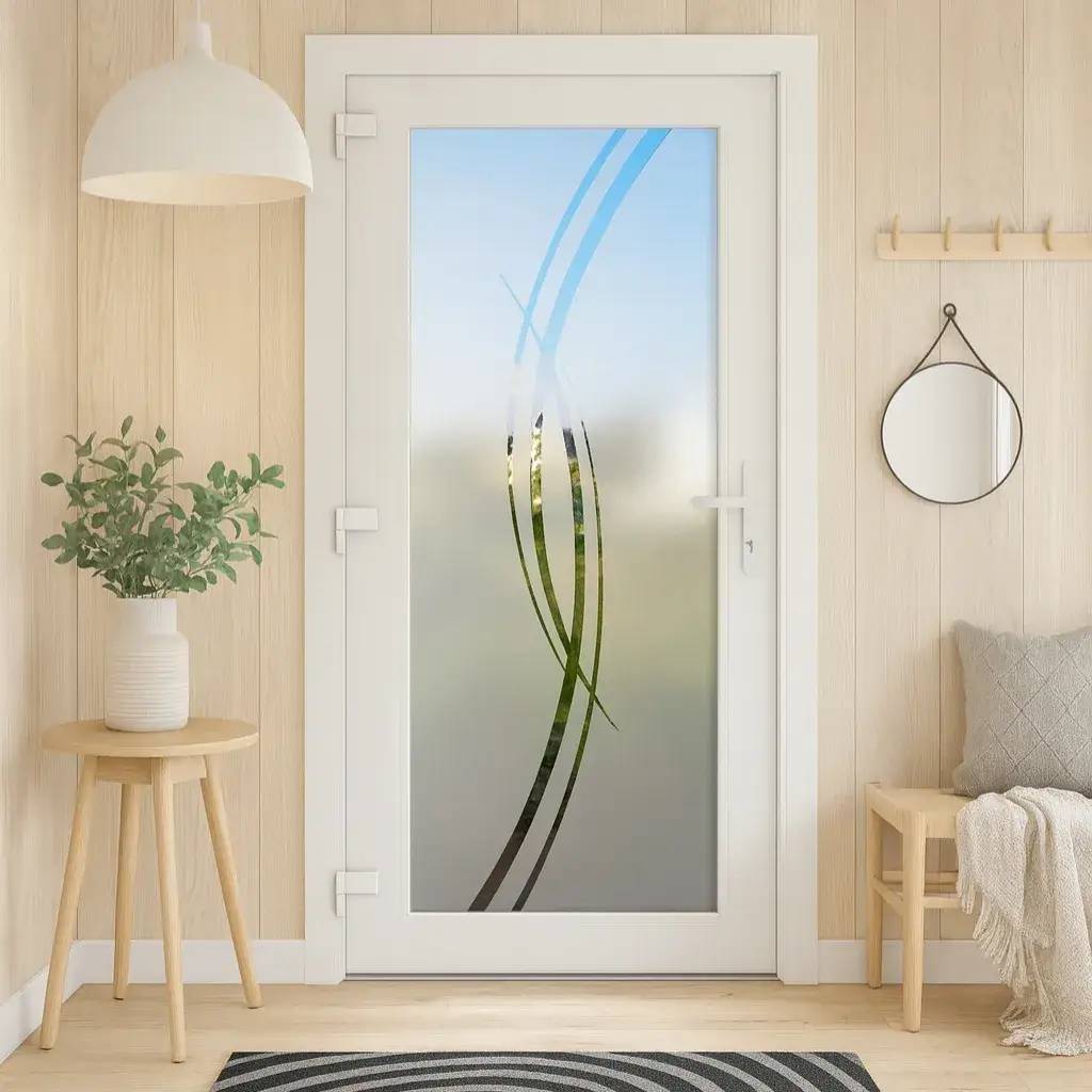 Une porte blanche moderne avec un design en verre décoratif, entourée d'une décoration intérieure minimaliste avec une plante, un miroir et un coussin