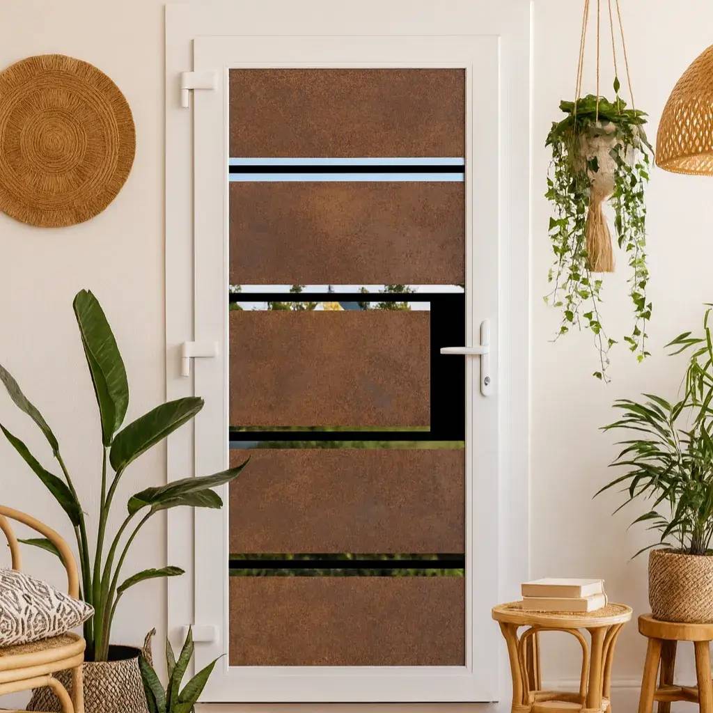 Une porte moderne en métal rouillé avec un design de panneaux horizontaux intégrée dans un intérieur décoré de plantes et d'accents naturels.