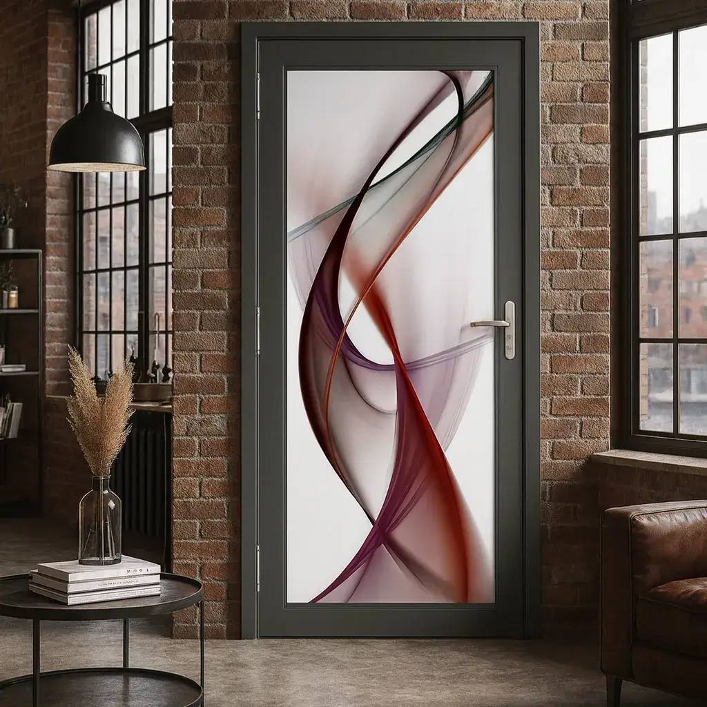 Porte contemporaine ornée de motifs abstraits colorés, située dans un intérieur au design industriel avec des murs en brique apparente.