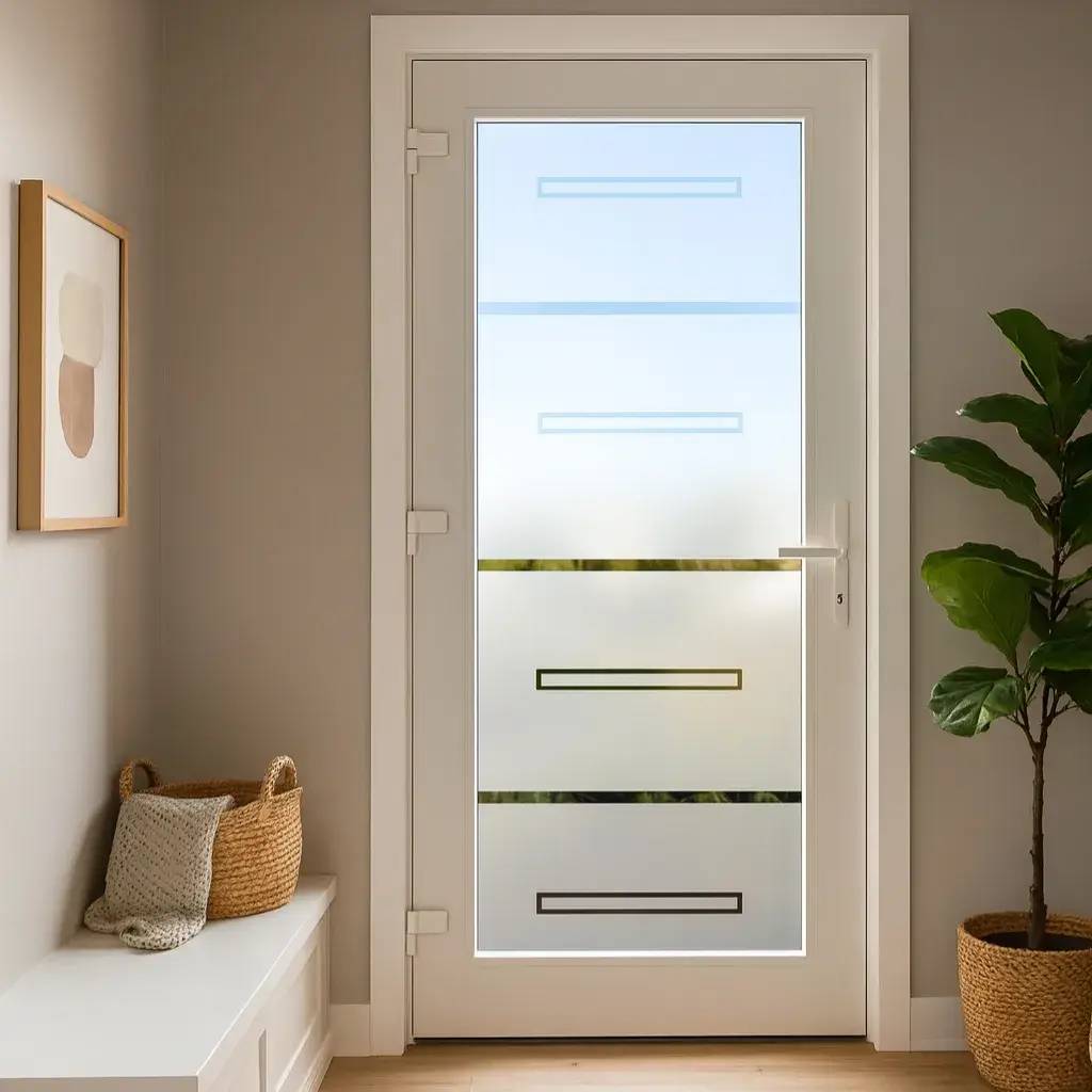 La porte moderne en verre dépoli est entourée de décoration minimaliste avec un panier tissé et une plante verte à proximité.