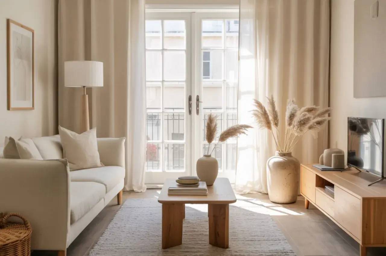 Un salon lumineux et minimaliste avec un canapé beige, une table basse en bois, et des rideaux blancs laissant passer la lumière d'une grande fenêtre