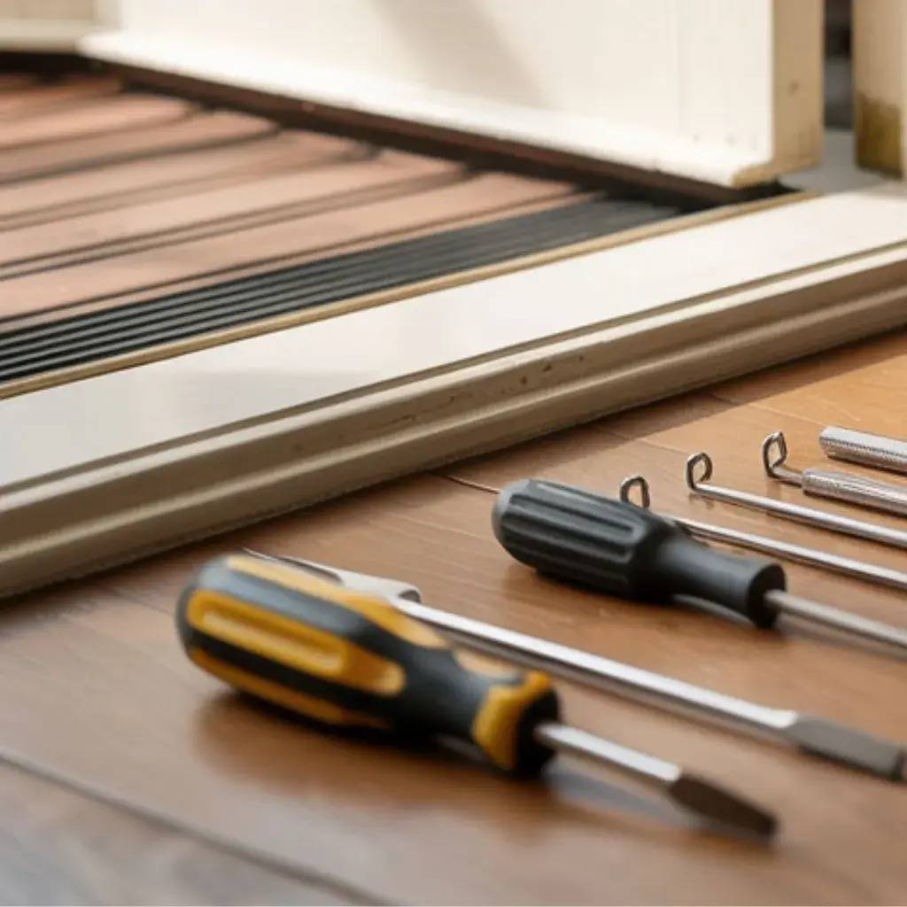 Des outils divers, comprenant des tournevis et des crochets, sont disposés sur un plancher en bois près d'une porte.