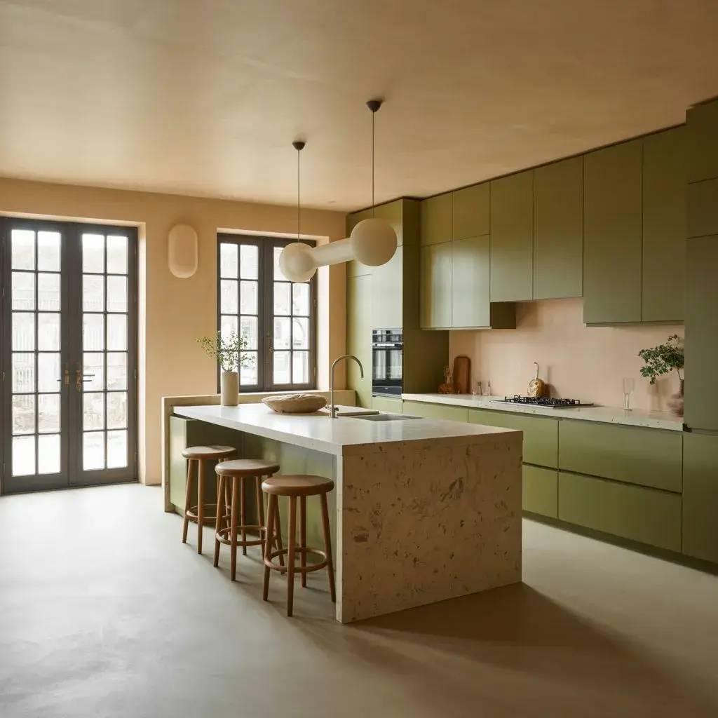 Cette cuisine moderne arbore des armoires vertes élégantes, un îlot central en pierre avec des tabourets en bois, et un éclair