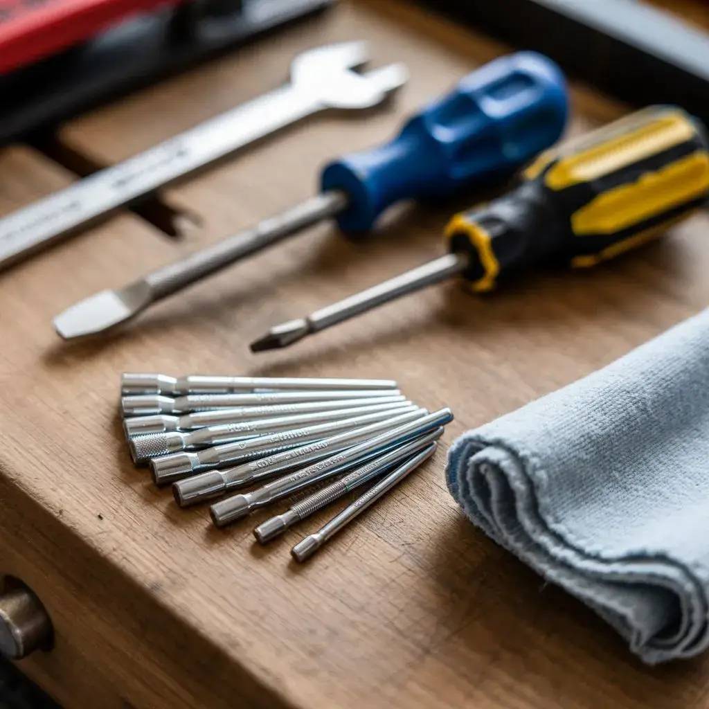 Ensemble d'outils de bricolage posés sur une table en bois, comprenant des tournevis, une clé mixte et des embouts