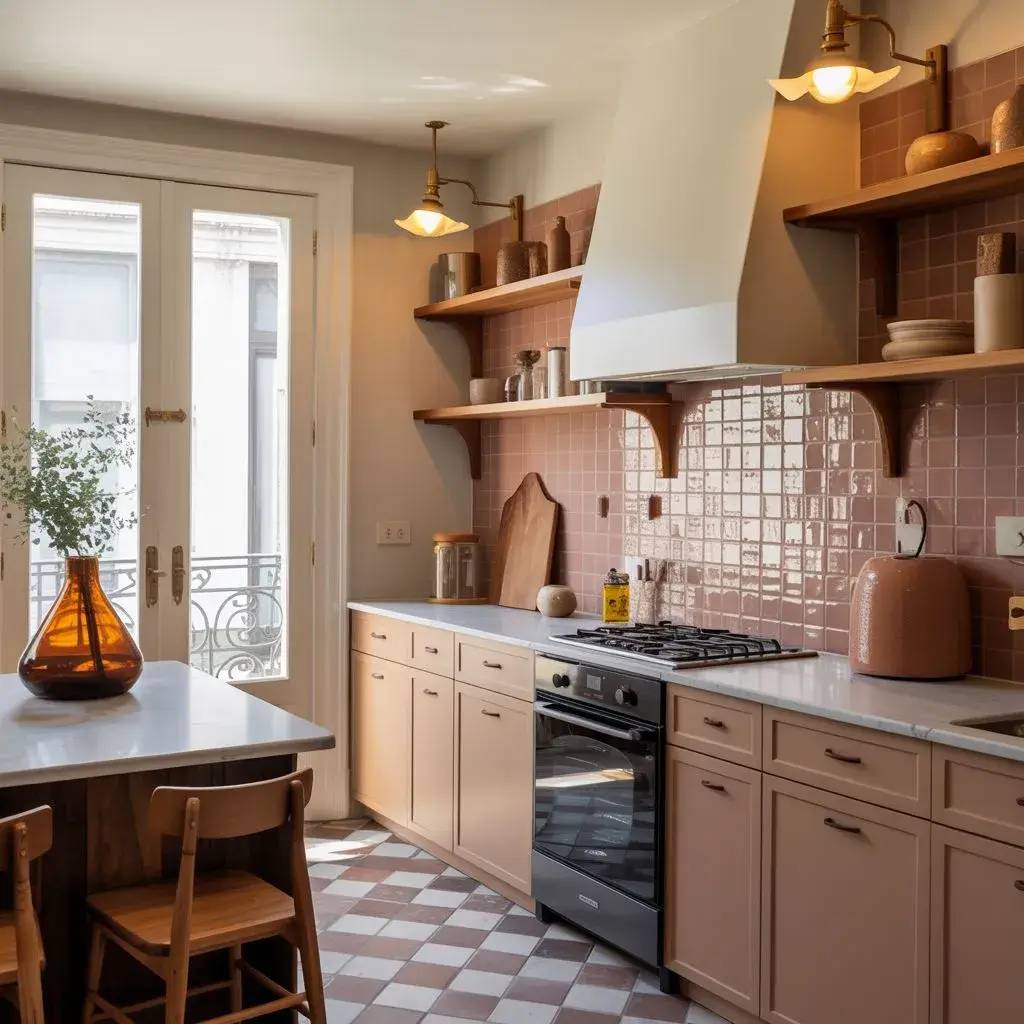 Cette cuisine lumineuse présente des armoires roses, un plan de travail en marbre, et des étagères ouvertes en bois avec un carrel