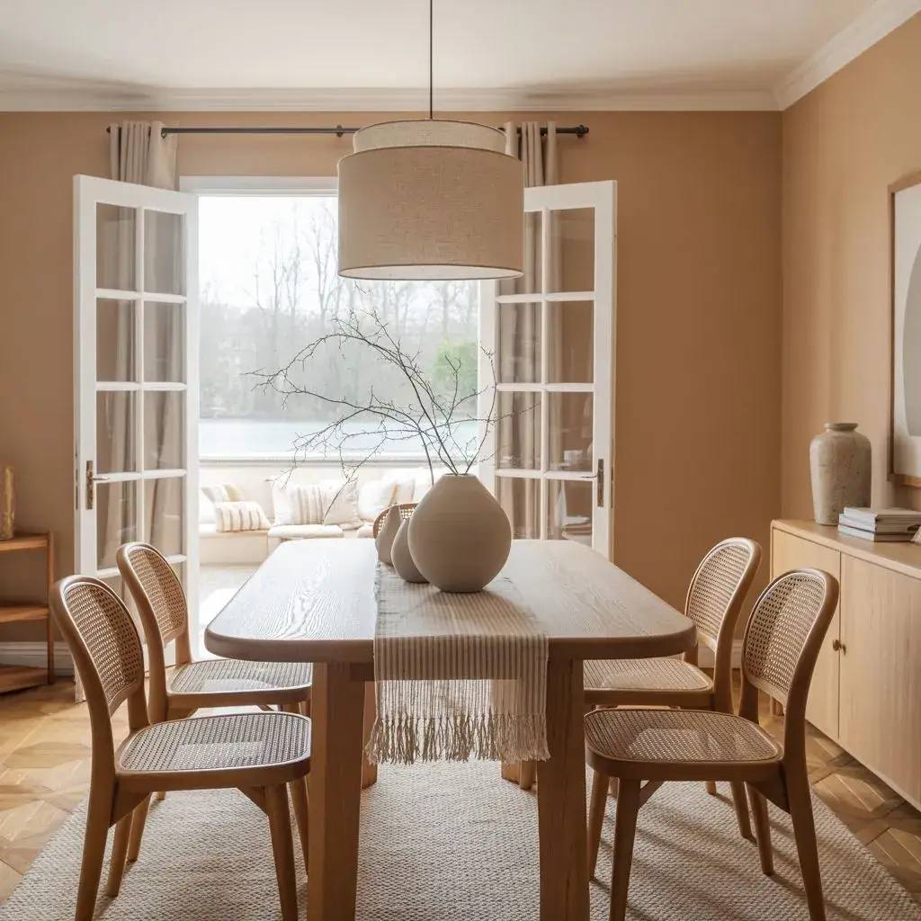 Salle à manger élégante avec un mobilier en bois clair, un vase central, et une ouverture vers une terrasse lumineuse.