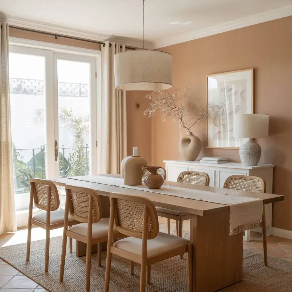 Cette image montre une élégante salle à manger aux tons neutres, avec une table en bois clair entourée de chaises en rotin, ba