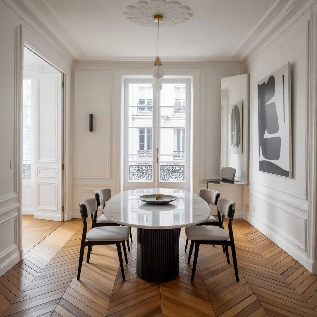 Une élégante salle à manger avec un parquet en chevrons, une table ovale en marbre et une décoration moderne et minimaliste.