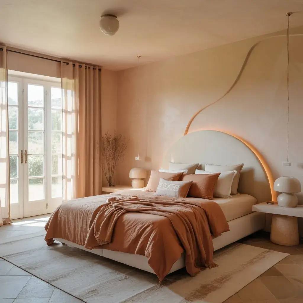 Chambre apaisante avec un lit aux tons chauds et une grande fenêtre donnant sur l'extérieur.