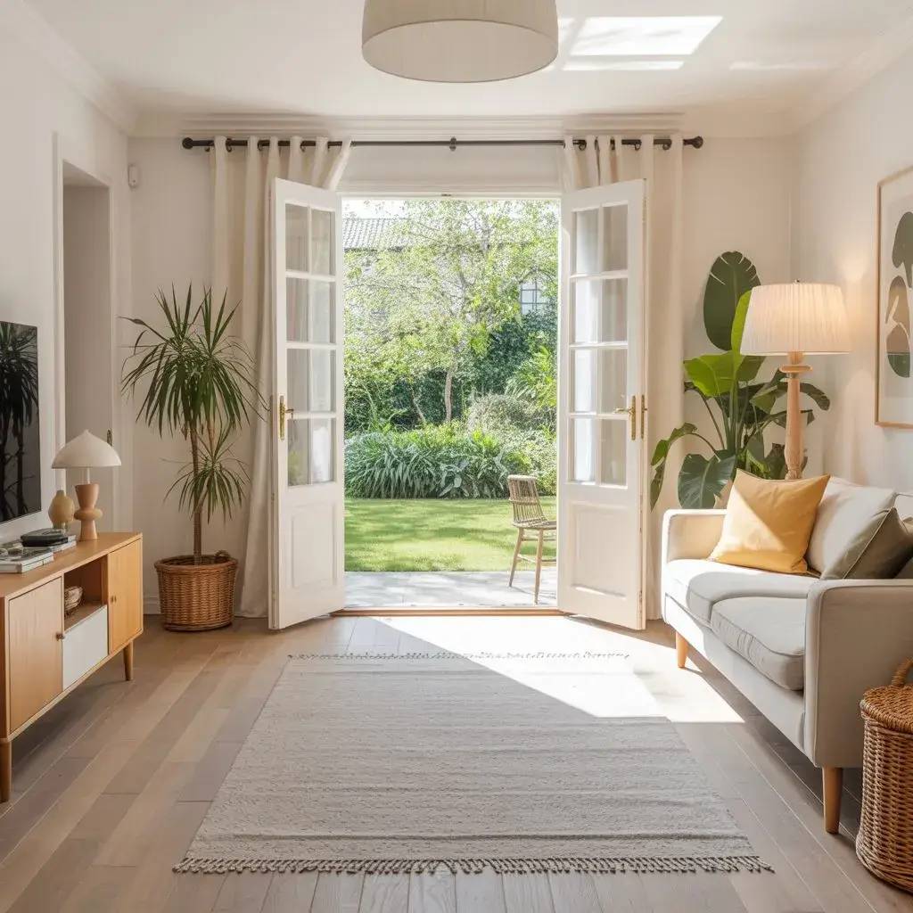 Un salon lumineux au style scandinave s'ouvre sur un jardin verdoyant par des portes-fenêtres.