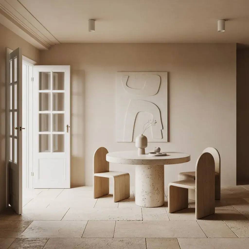 Un intérieur minimaliste aux tons neutres avec une table ronde en pierre, des chaises en bois et un tableau abstrait au mur.