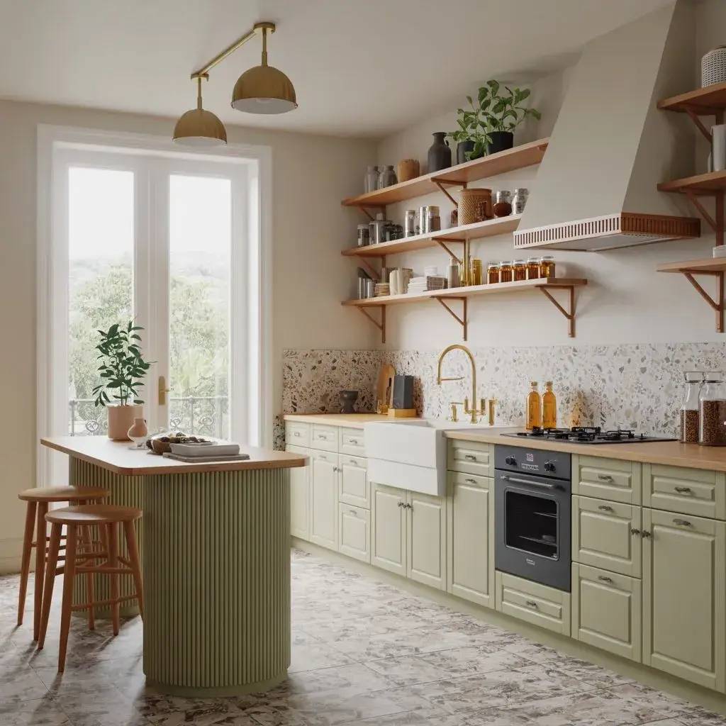 Cette cuisine lumineuse au design moderne est dotée de tons doux et d'un îlot central avec des étagères en bois ouvertes.