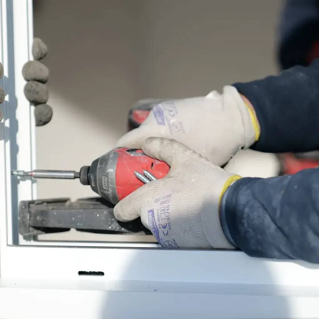 Un ouvrier utilisant une visseuse rouge pour fixer une structure en métal, portant des gants de travail.