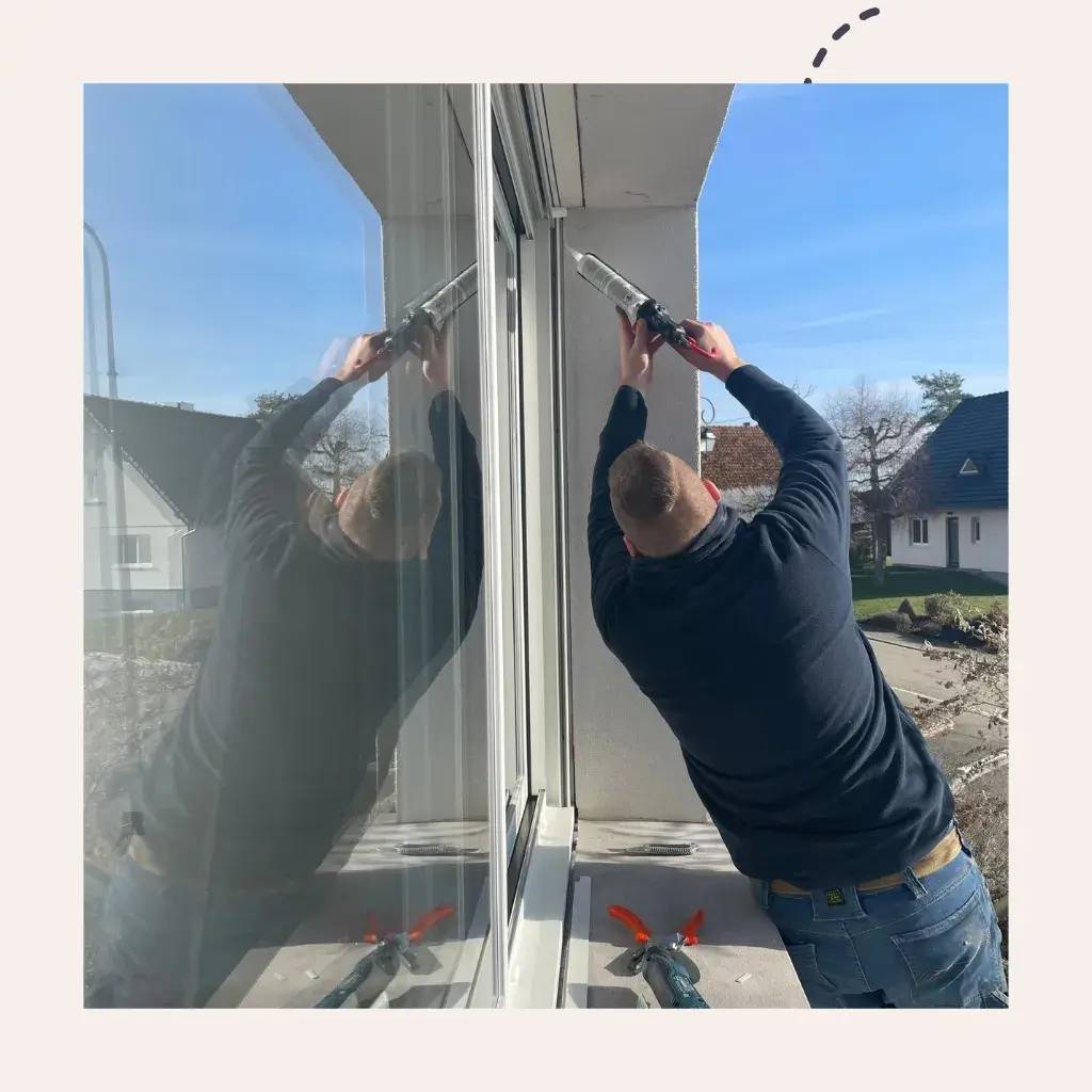 Un homme applique du mastic sur une fenêtre, avec un reflet visible sur la vitre sous un ciel bleu et ensoleillé.