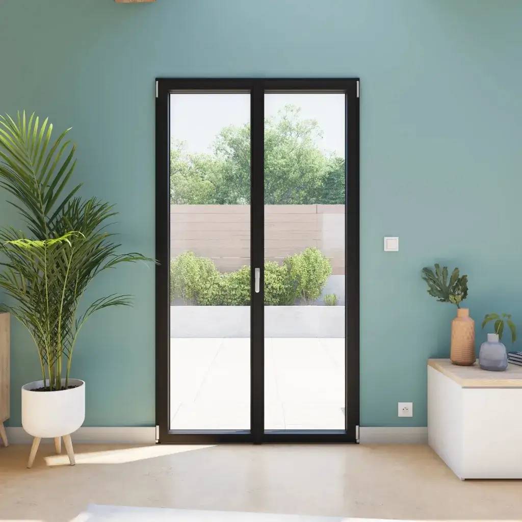 Cette image montre une pièce lumineuse avec une porte-fenêtre ouverte sur un jardin, décorée avec des plantes et des murs bleu clair.