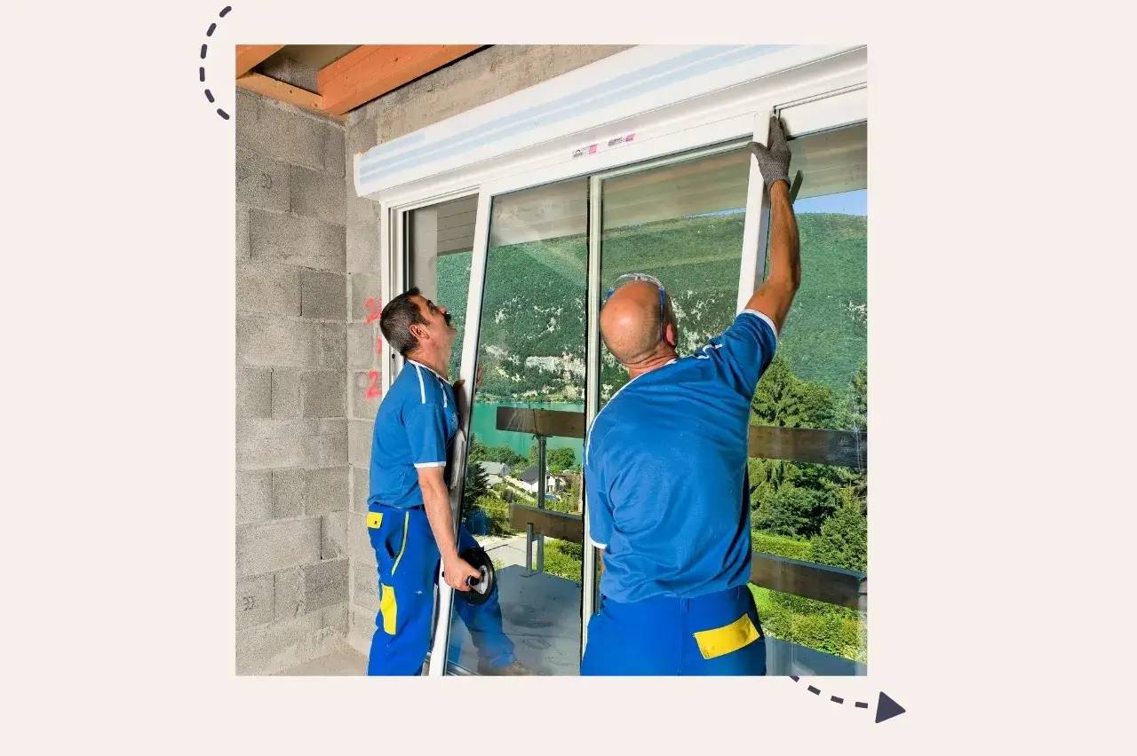 Deux ouvriers en bleu installent une grande baie vitrée avec vue sur la montagne.