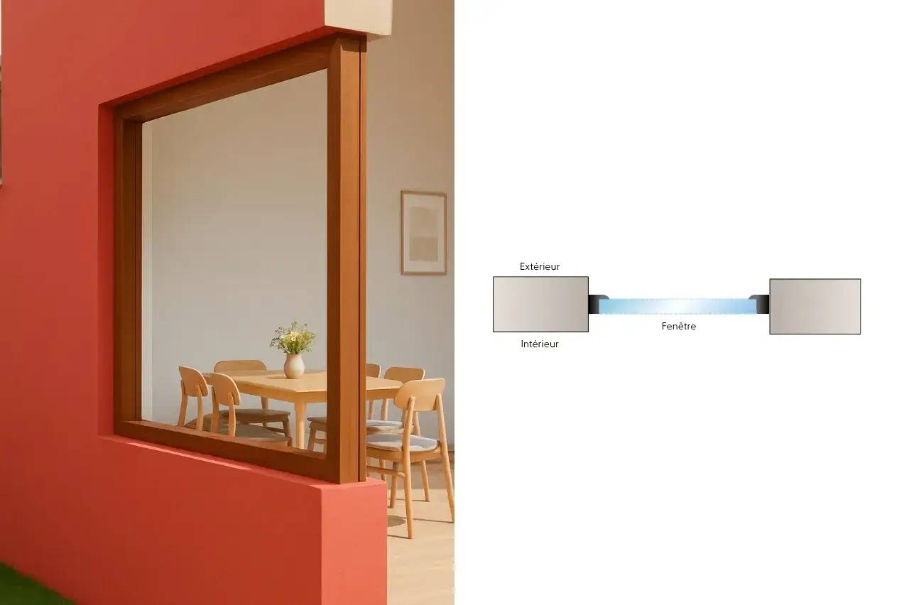 Une fenêtre en bois encadre une vue sur une salle à manger lumineuse, tandis qu'un schéma montre la disposition intérieure et extérieure.
