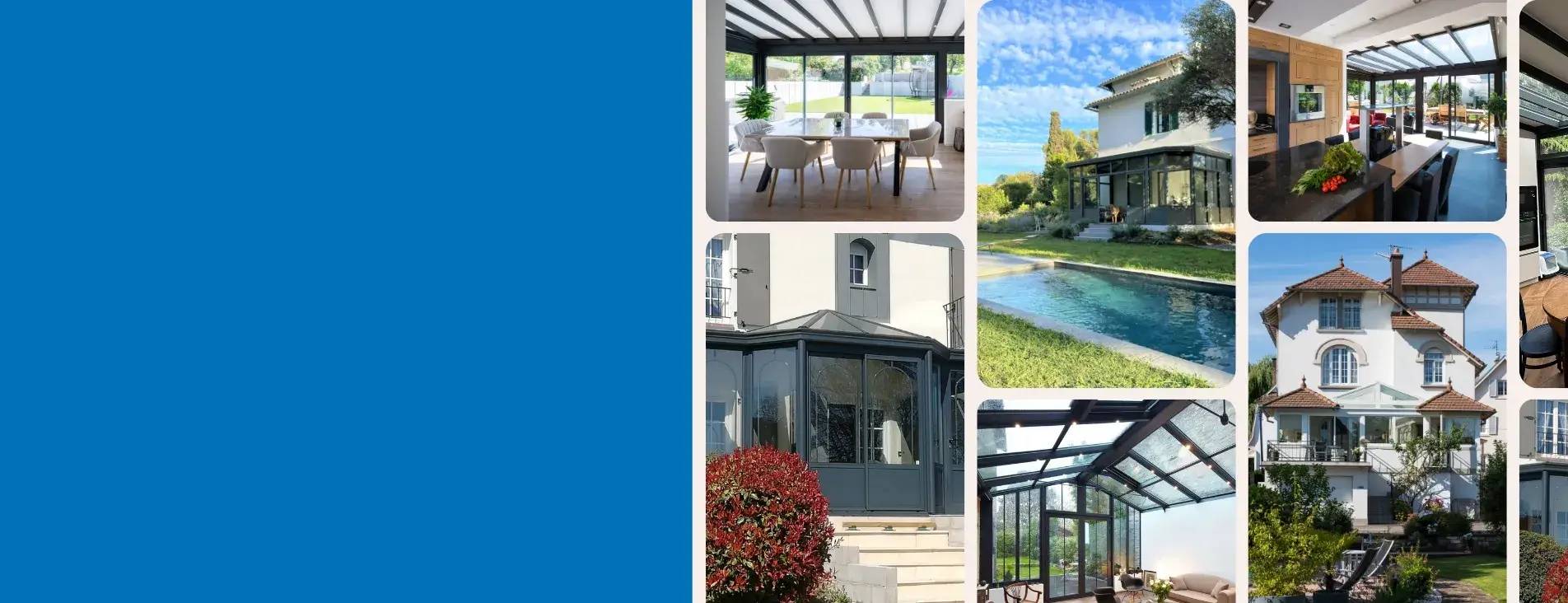 Cette image montre un collage de photos de maisons élégantes avec des vérandas, des espaces modernes et des piscines dans un cadre ensoleillé.