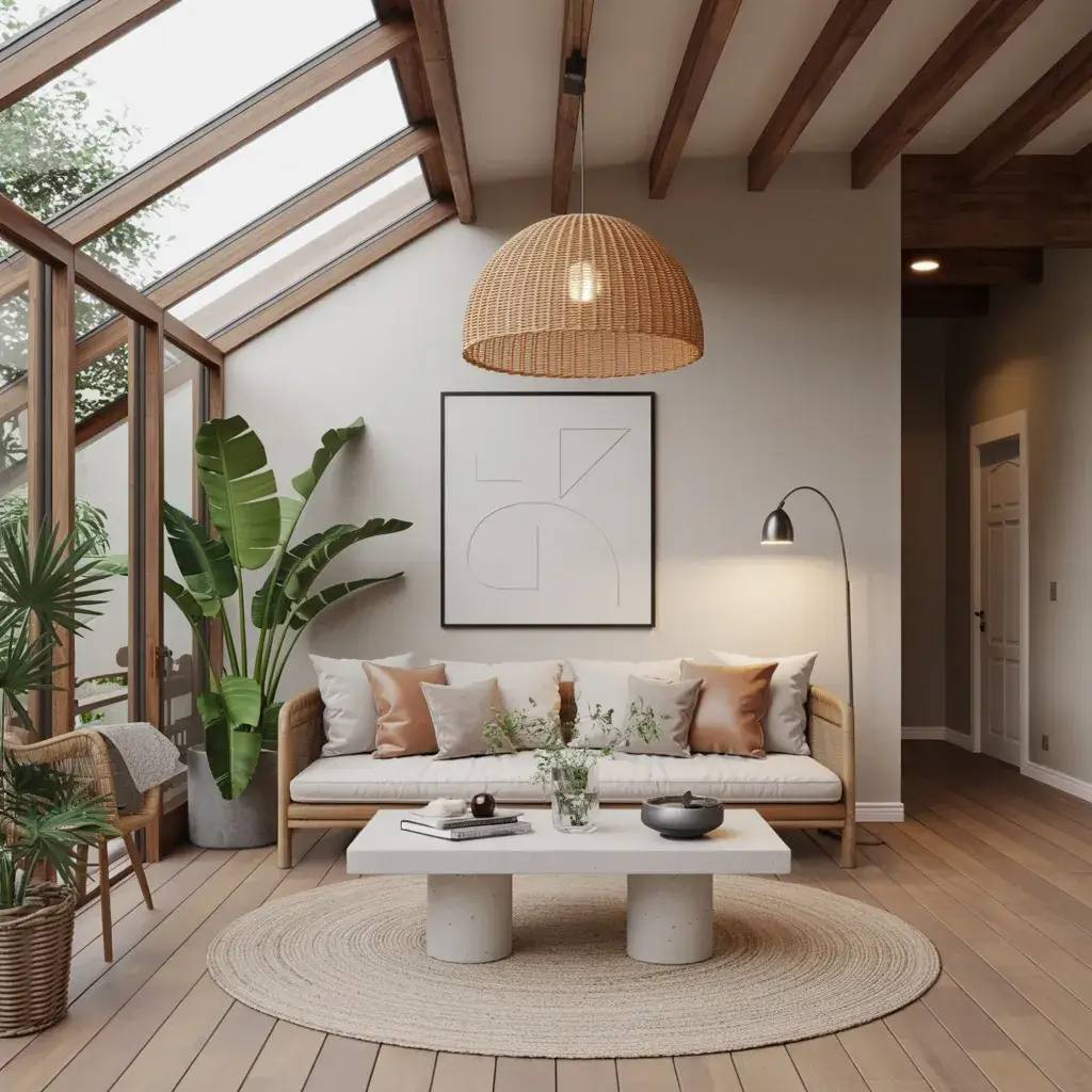 Une pièce de vie lumineuse avec un canapé en rotin, des plantes vertes, un grand lustre suspendu et un design minimaliste.