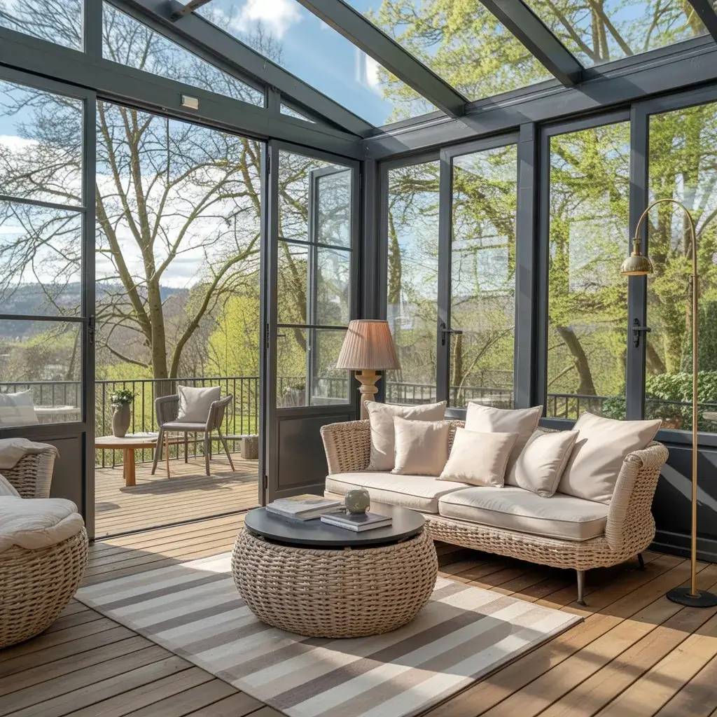 Une véranda lumineuse offrant une vue relaxante sur la nature avec un mobilier en osier confortable et une décoration élégante.