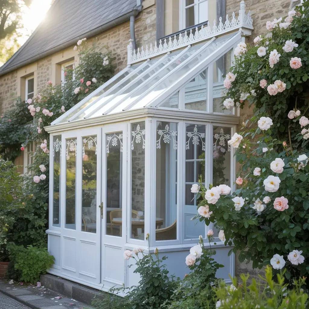 Une charmante véranda blanche ornée de décorations délicates, entourée de rosiers en fleurs contre une maison en pierre.
