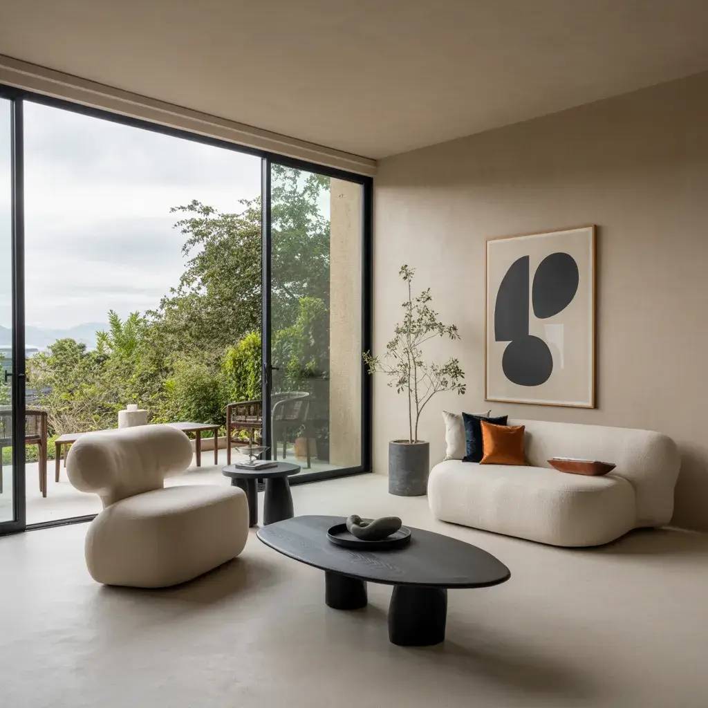 Un salon minimaliste avec des meubles modernes et une grande baie vitrée offrant une vue sur la nature.