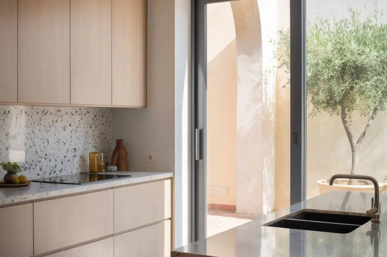 Cuisine moderne lumineuse avec des meubles en bois clair, plan de travail en terrazzo et vue sur un patio extérieur.