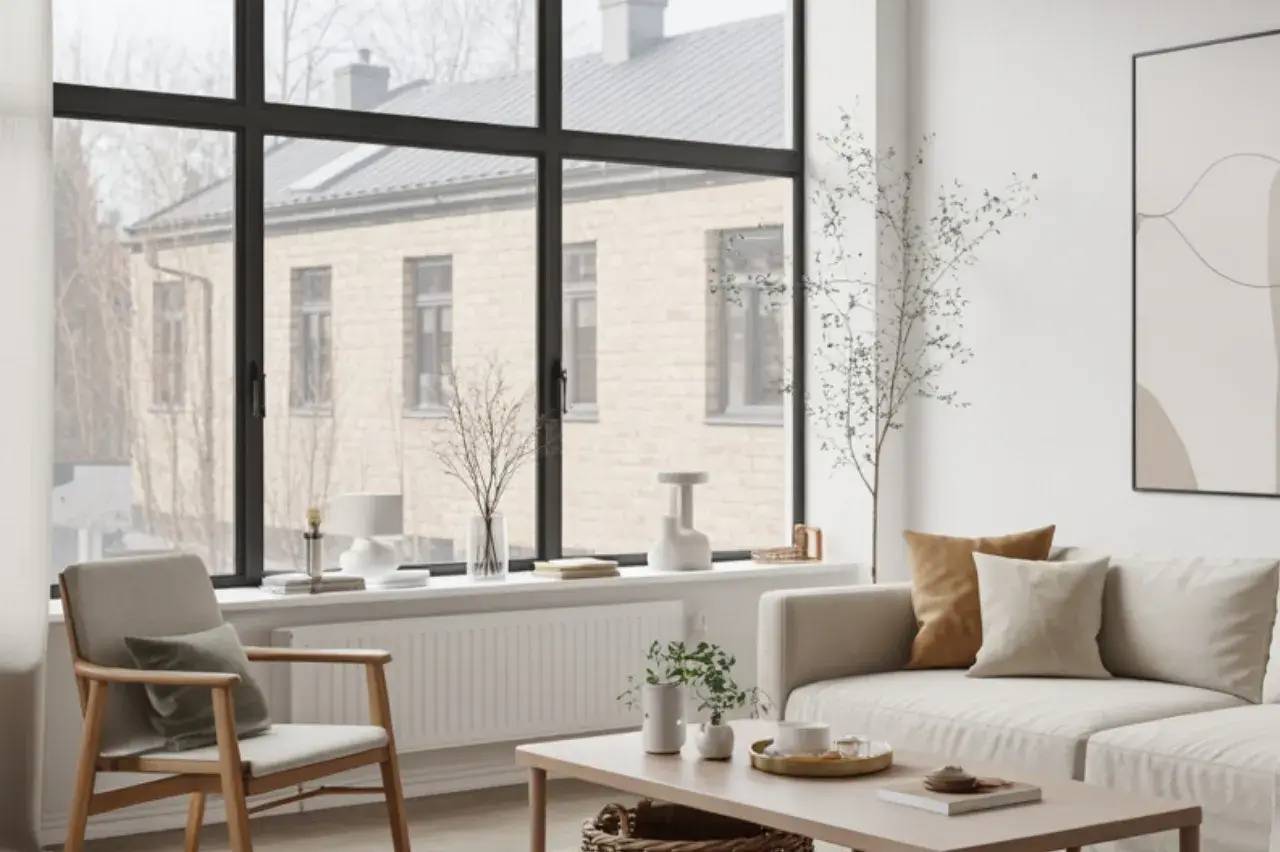 Un salon moderne et lumineux avec un canapé beige, des coussins assortis, et une grande fenêtre offrant une vue sur un bâtiment en brique claire