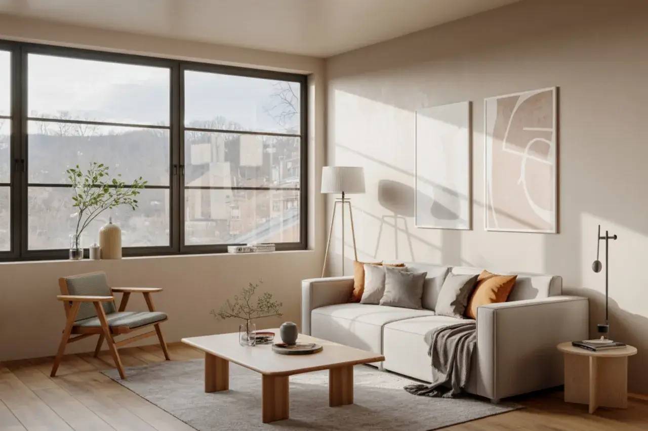 Un salon moderne et lumineux avec un canapé blanc, des coussins colorés, une table basse en bois, et une grande fenêtre offrant une vue sur