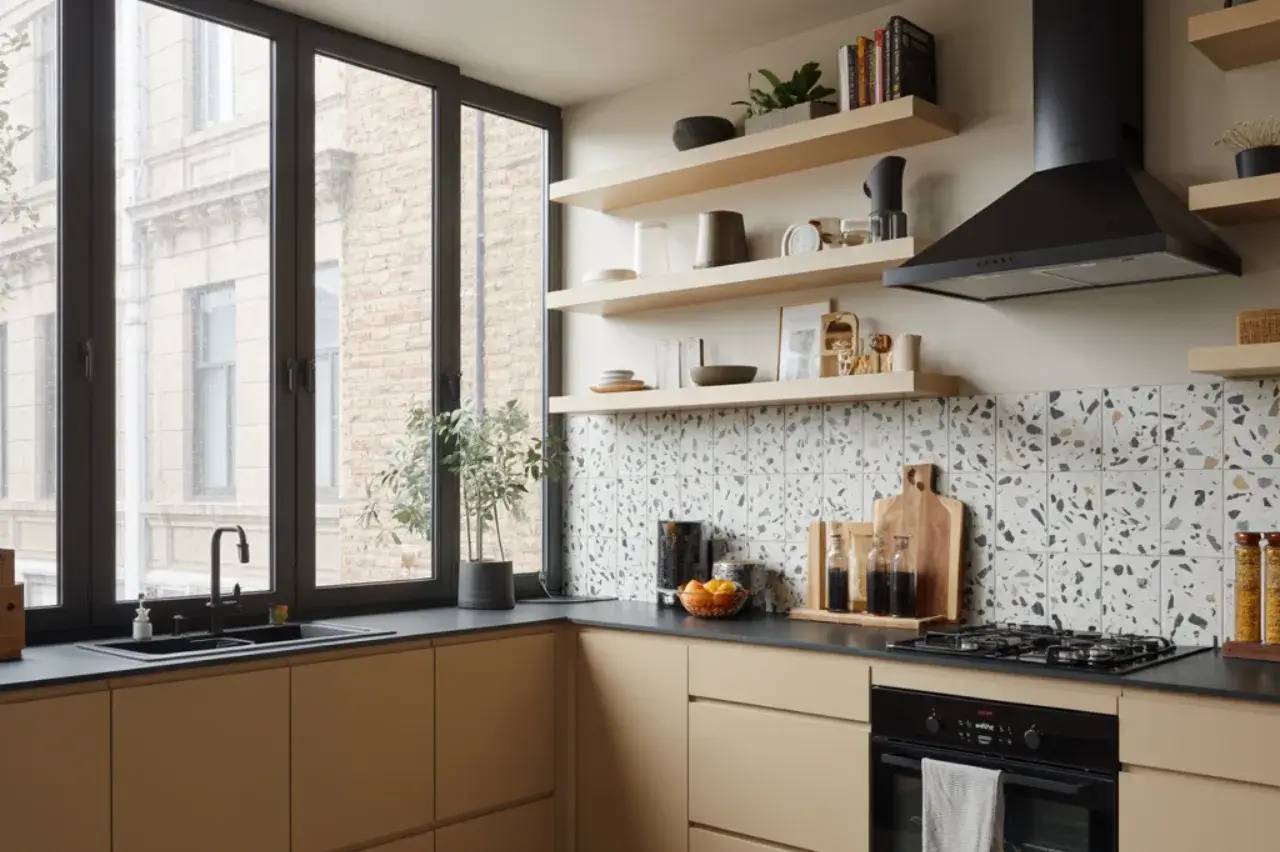 Cette cuisine lumineuse au design moderne intègre des éléments en bois clair, des étagères ouvertes et un dosseret en terrazzo, offrant