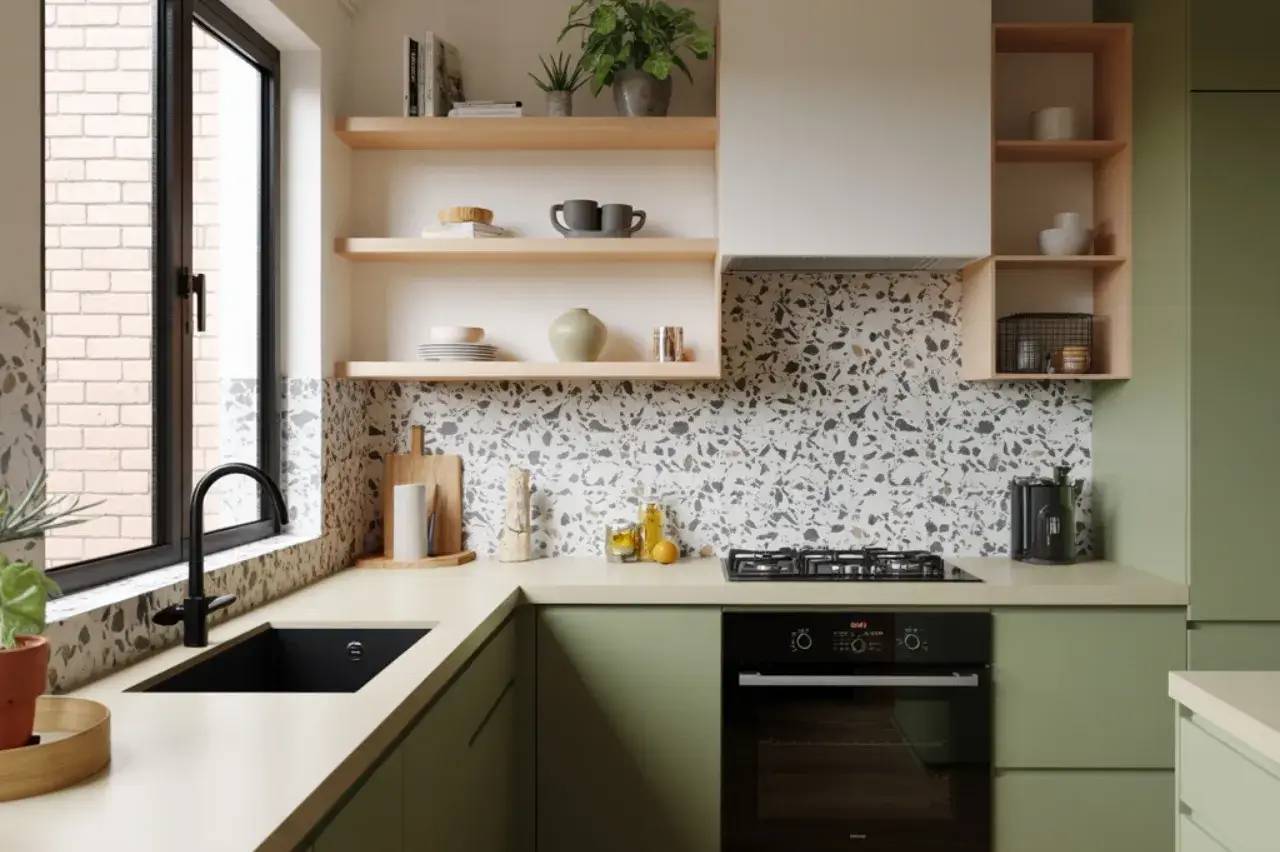 Une cuisine moderne avec des éléments verts, un plan de travail clair, des étagères en bois et un carrelage effet terrazzo.