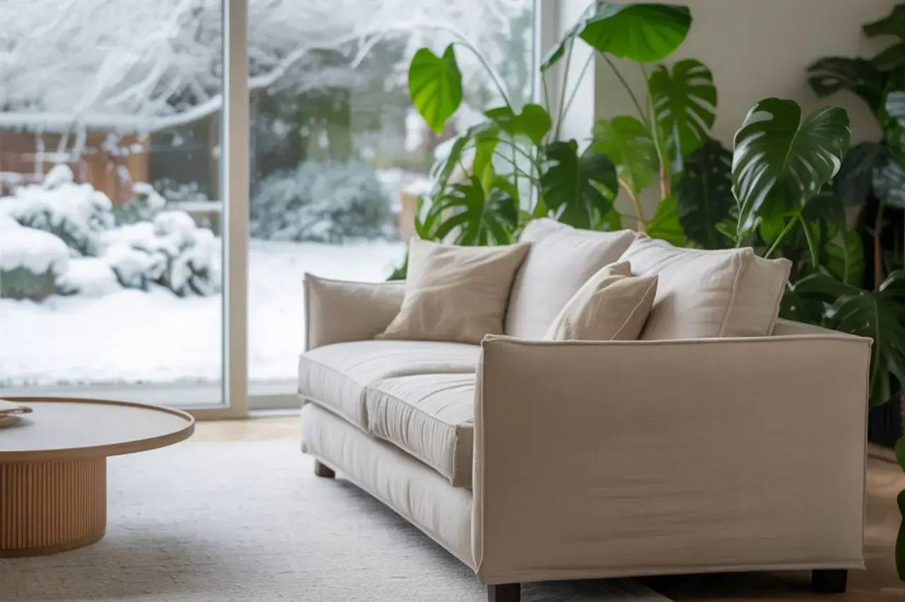 Un canapé beige confortable est installé près de grandes fenêtres surplombant un paysage enneigé, entouré de plantes vertes luxuriantes.