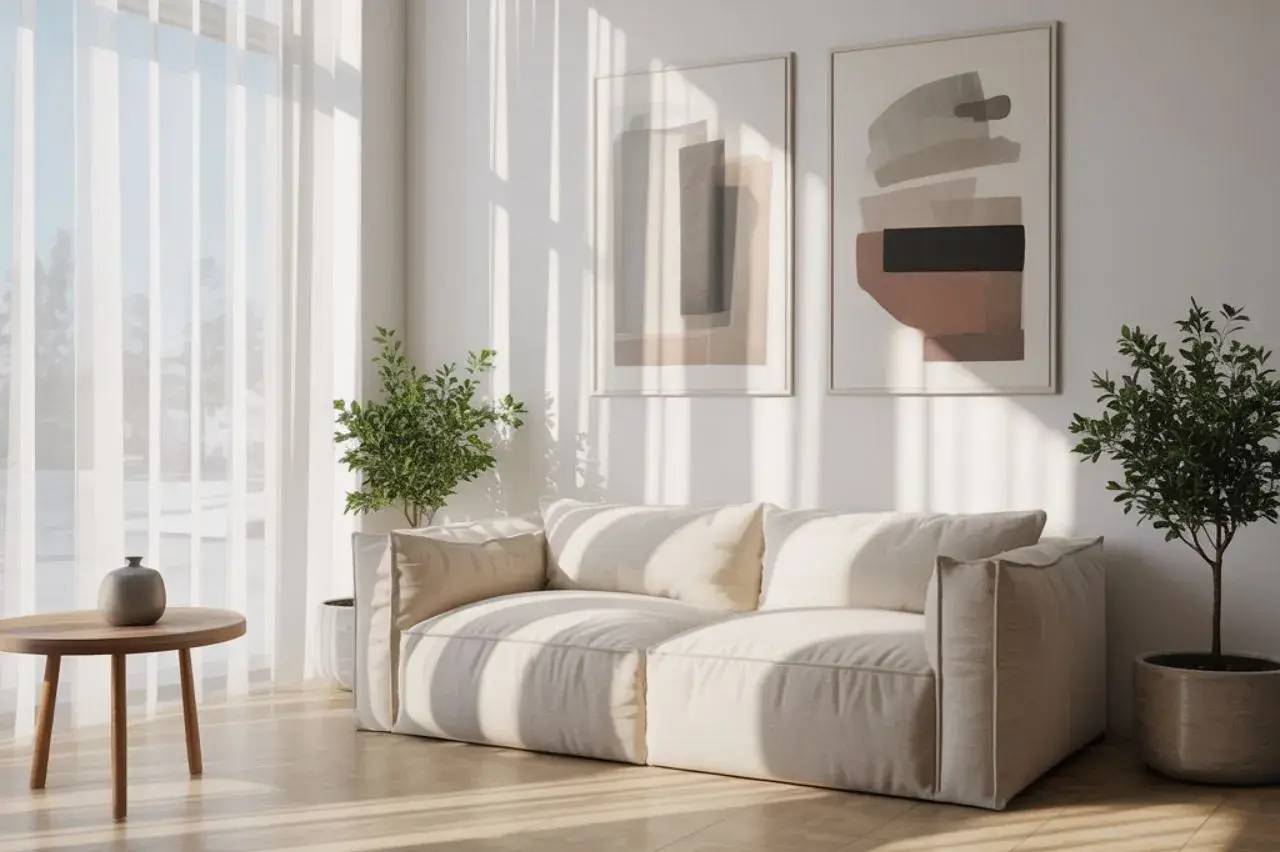 Une pièce lumineuse et moderne avec un canapé beige, deux tableaux abstraits et des plantes vertes, baignée par la lumière naturelle.