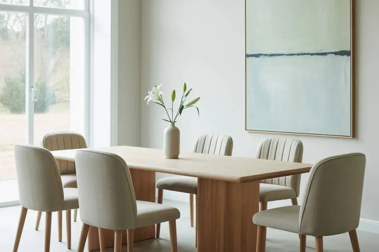 Une salle à manger lumineuse et minimaliste avec une grande table en bois entourée de chaises rembourrées beige, accompagnée d'un