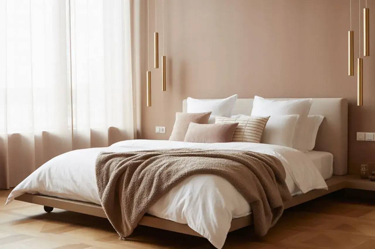 Chambre moderne et élégante, décorée dans des tons neutres et chaleureux, avec un lit confortable et des luminaires suspendus stylisés.