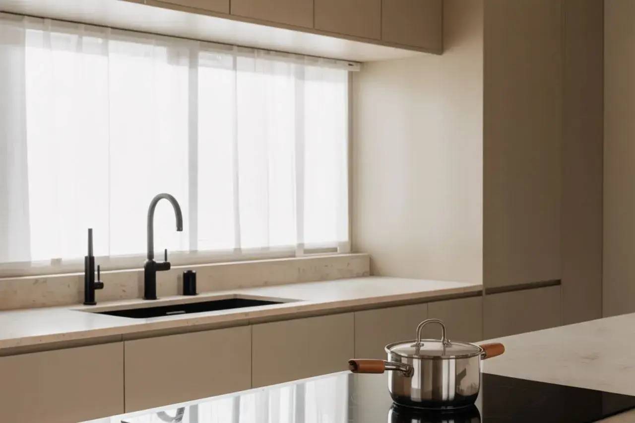 Une cuisine moderne et minimaliste avec un plan de travail clair, des placards élégants et une casserole sur la cuisinière.