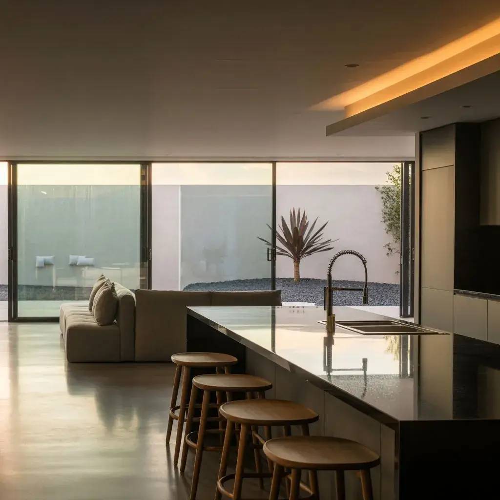 Une cuisine moderne et épurée avec une île centrale en marbre, des tabourets en bois, et une vue dégagée sur un jardin