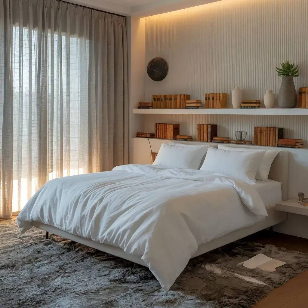 Une chambre moderne et élégante avec un lit confortable, des étagères remplies de livres et une décoration minimaliste, baignée de lumière douce