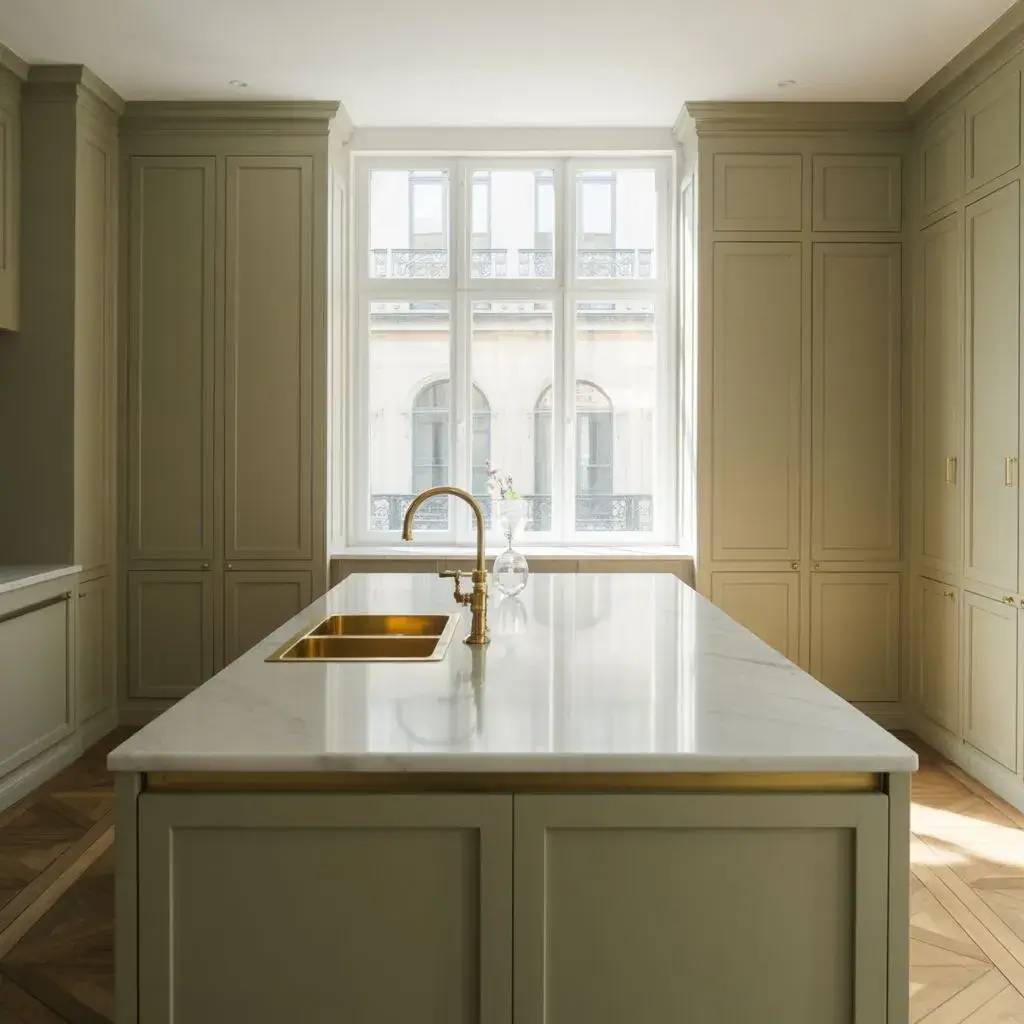 Cette cuisine élégante présente une île centrale en marbre blanc avec un évier doré, entourée de rangements intégrés et baignée