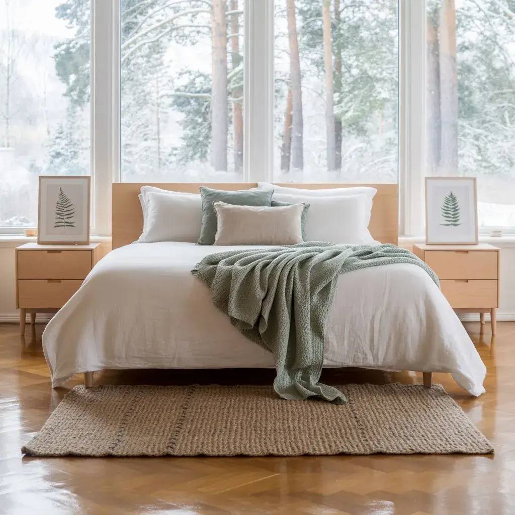 Cette image montre une chambre lumineuse avec un lit au design épuré, encadrée de grandes fenêtres offrant une vue sur une forêt enneigée