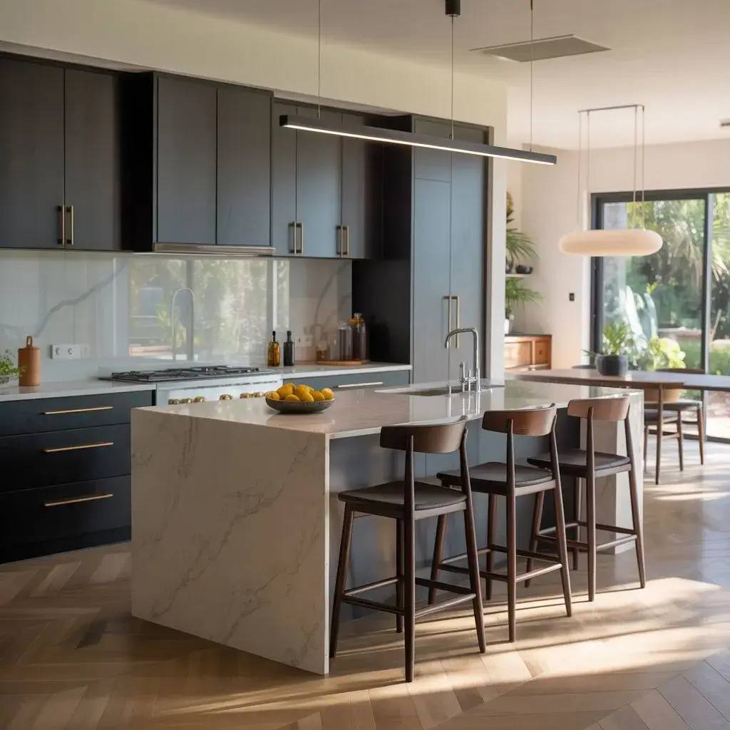 Une cuisine moderne et élégante avec des armoires noires, un îlot central en marbre, et de grandes fenêtres offrant une vue sur un