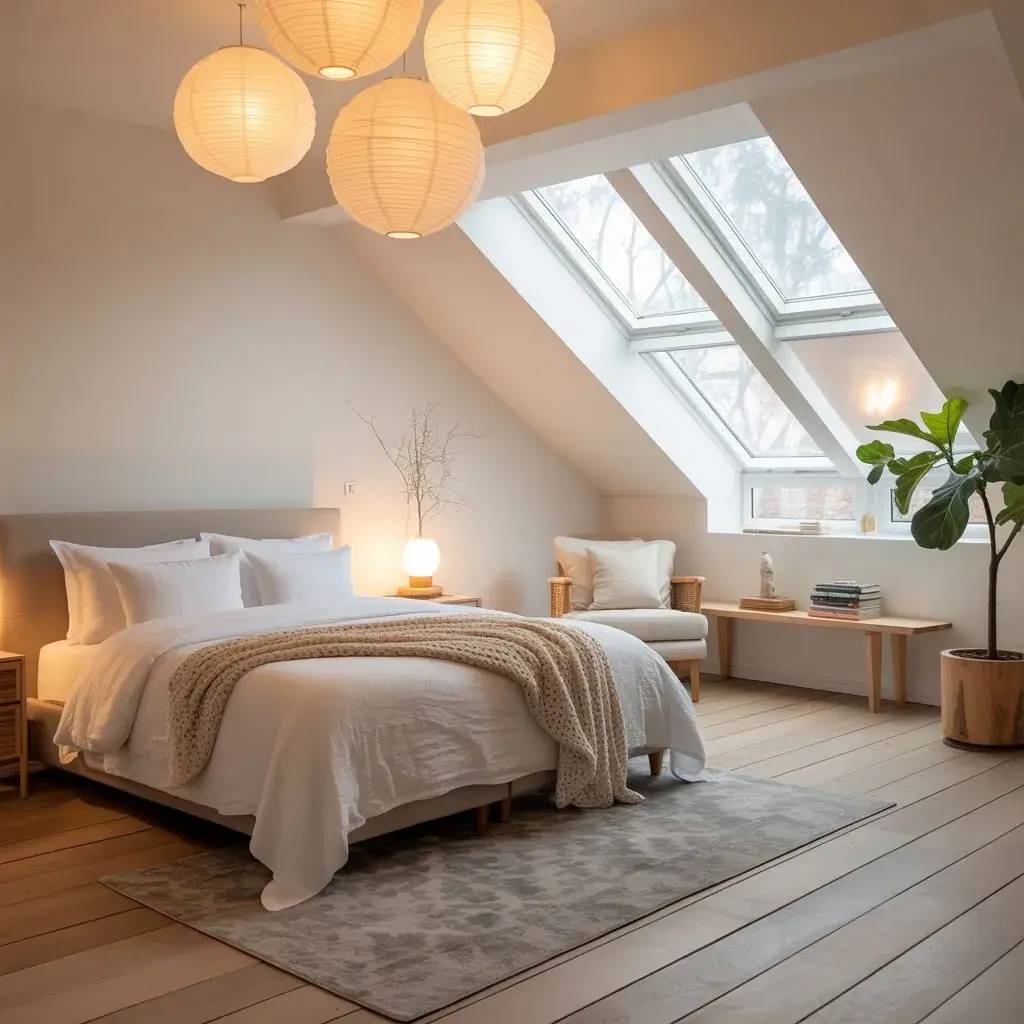 Cette chambre lumineuse au style scandinave est agrémentée de grandes fenêtres de toit et de décorations minimalistes, créant une ambiance ap