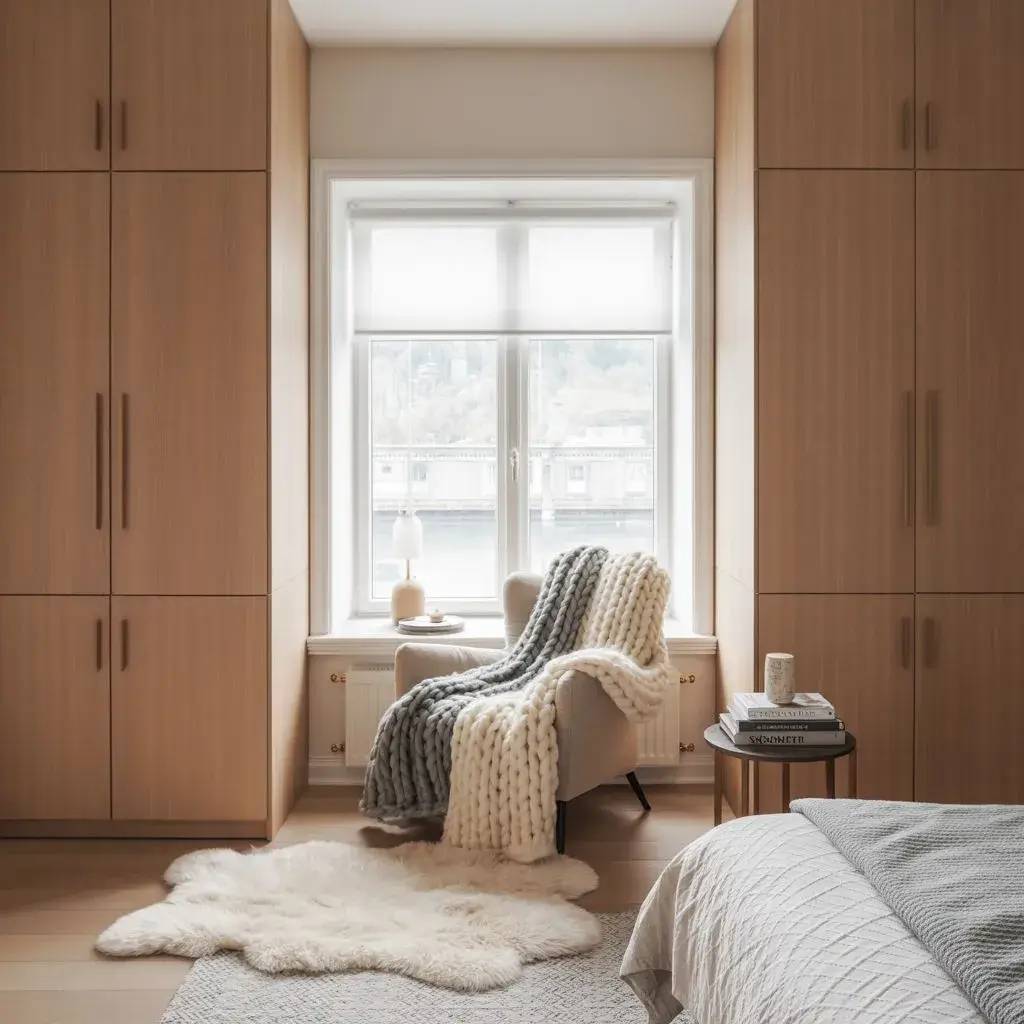 Cette image montre un coin de détente chaleureux avec un fauteuil recouvert d'un plaid, situé près d'une fenêtre lumineuse et entouré de meubles